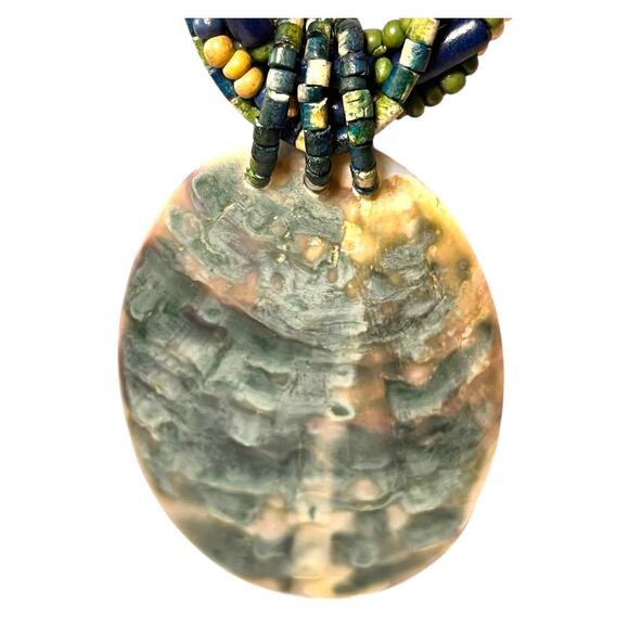 Vintage Womens Statement Necklace Abalone Blue Teal Beaded Wood Jewelry Green - Picture 4 of 8